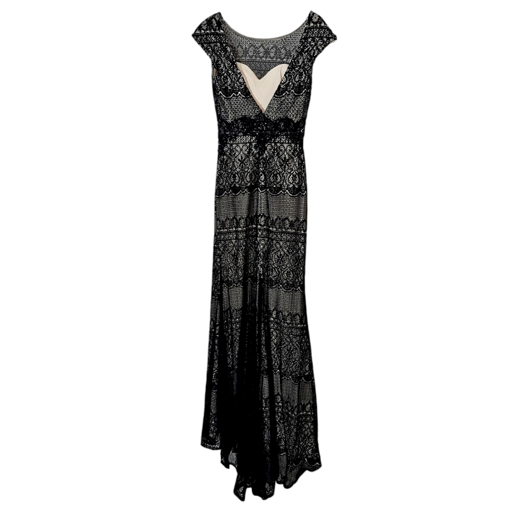 Tony Bowls Black Beaded Lace Sheer Illusion Floor Length Gown - Picture 8 of 11